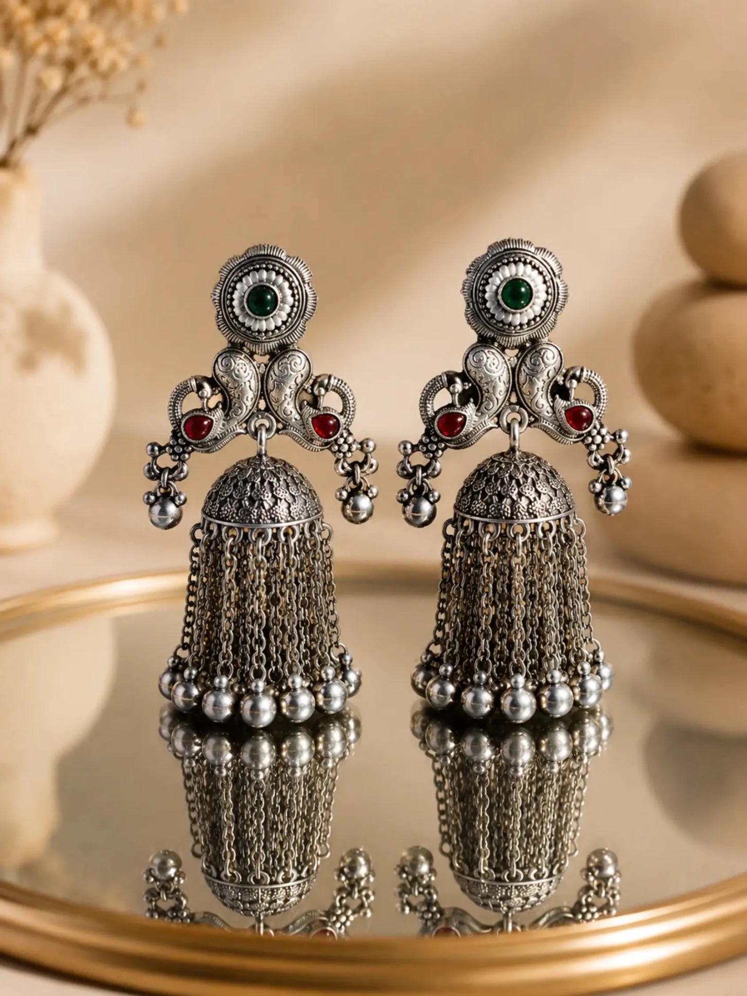 Image of SEVANTI German Silver Ghunghru Dark Pink-Green Rhinestone Earrings - Venyora Fashion