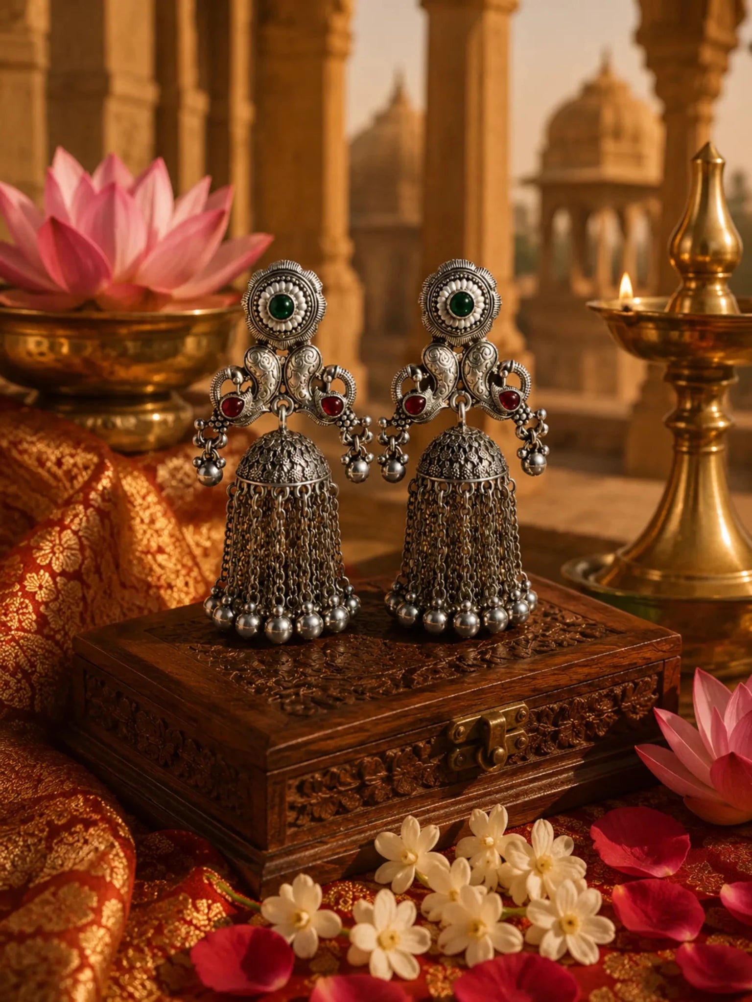 Image of SEVANTI German Silver Ghunghru Dark Pink-Green Rhinestone Earrings - Venyora Fashion