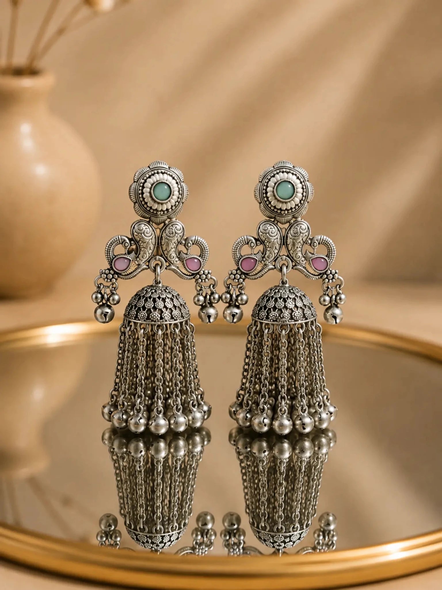 Image of SEVANTI German Silver Ghunghru Pestle Pink-Green Rhinestone Earrings - Venyora Fashion