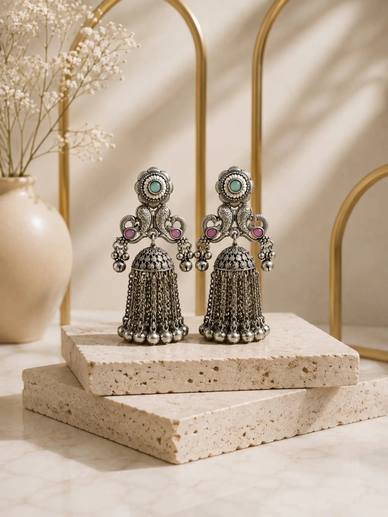 SEVANTI German Silver Ghunghru Pestle Pink-Green Rhinestone Earrings