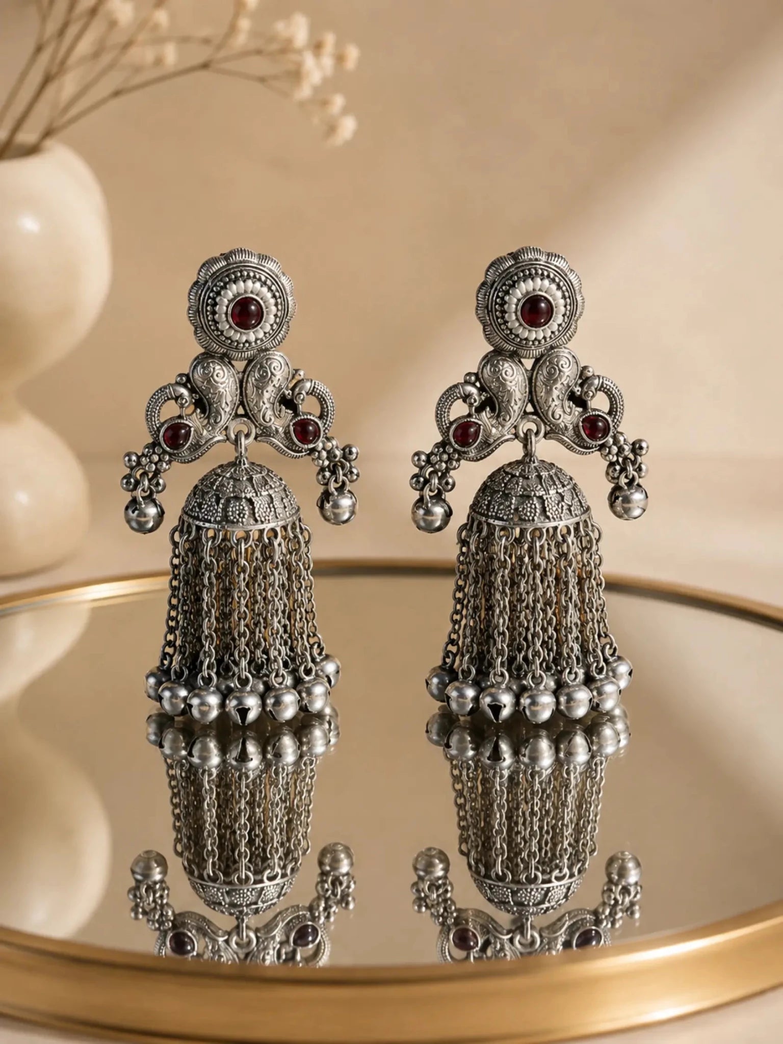 Image of SEVANTI German Silver Ghunghru Rani Pink Rhinestone Earrings - Venyora Fashion