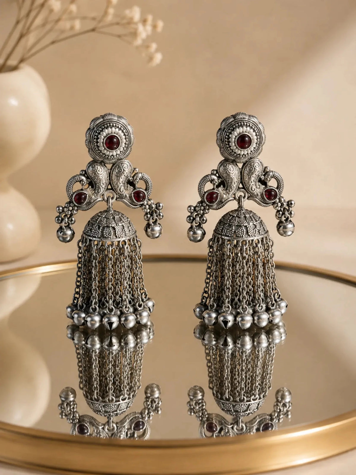 SEVANTI German Silver Ghunghru Rani Pink Rhinestone Earrings - Venyora Fashion