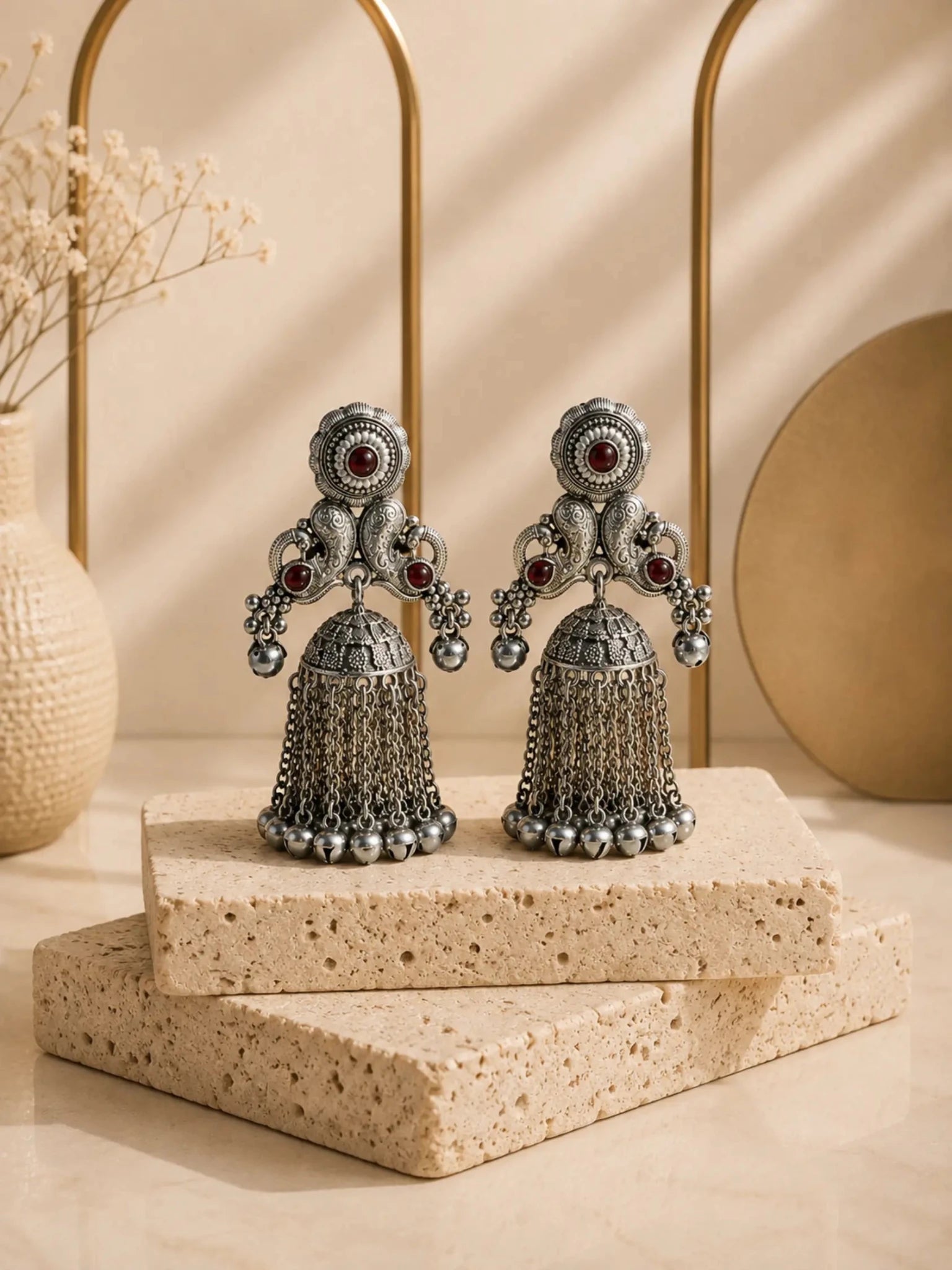 SEVANTI German Silver Ghunghru Rani Pink Rhinestone Earrings