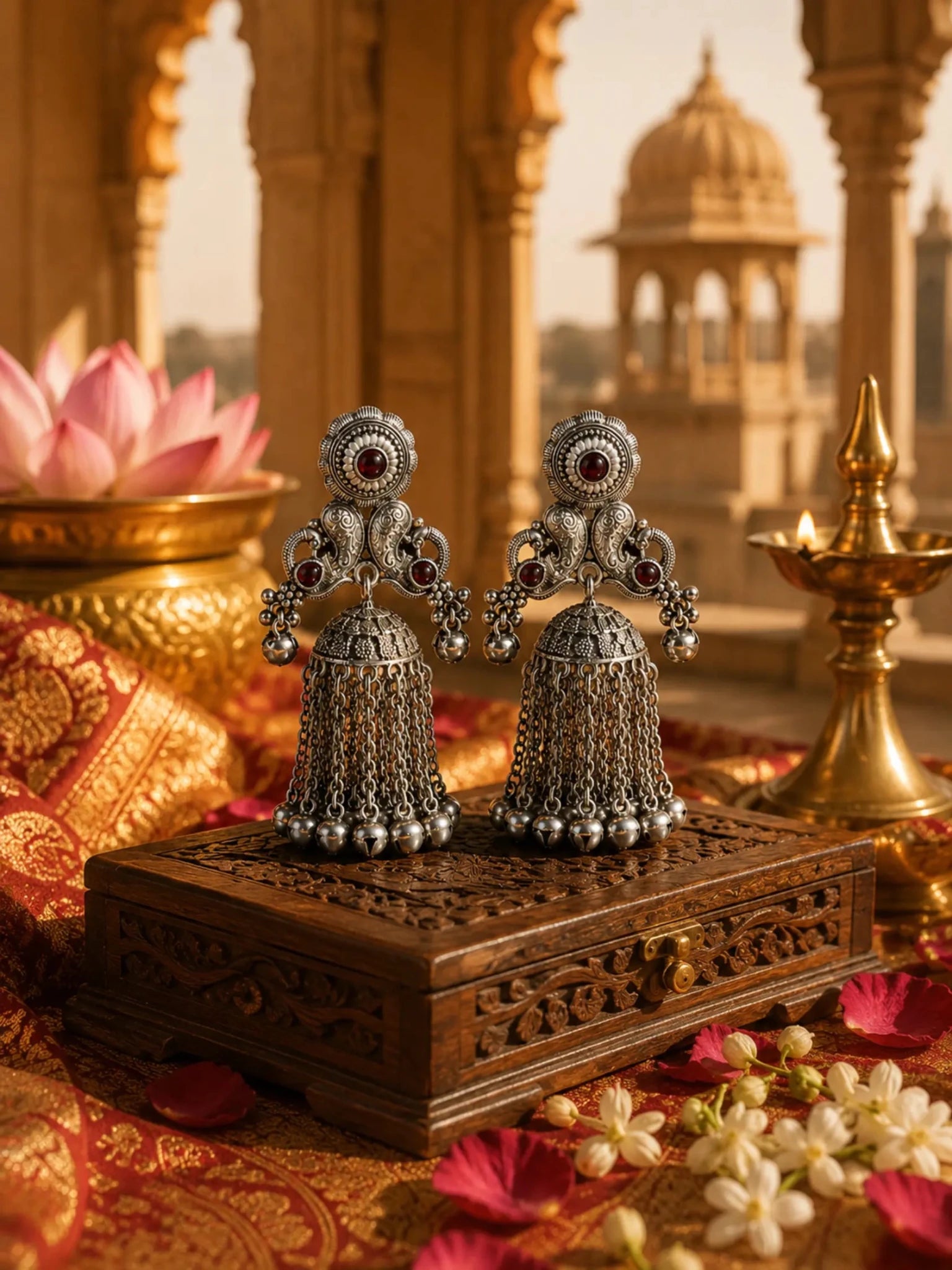 Image of SEVANTI German Silver Ghunghru Rani Pink Rhinestone Earrings - Venyora Fashion