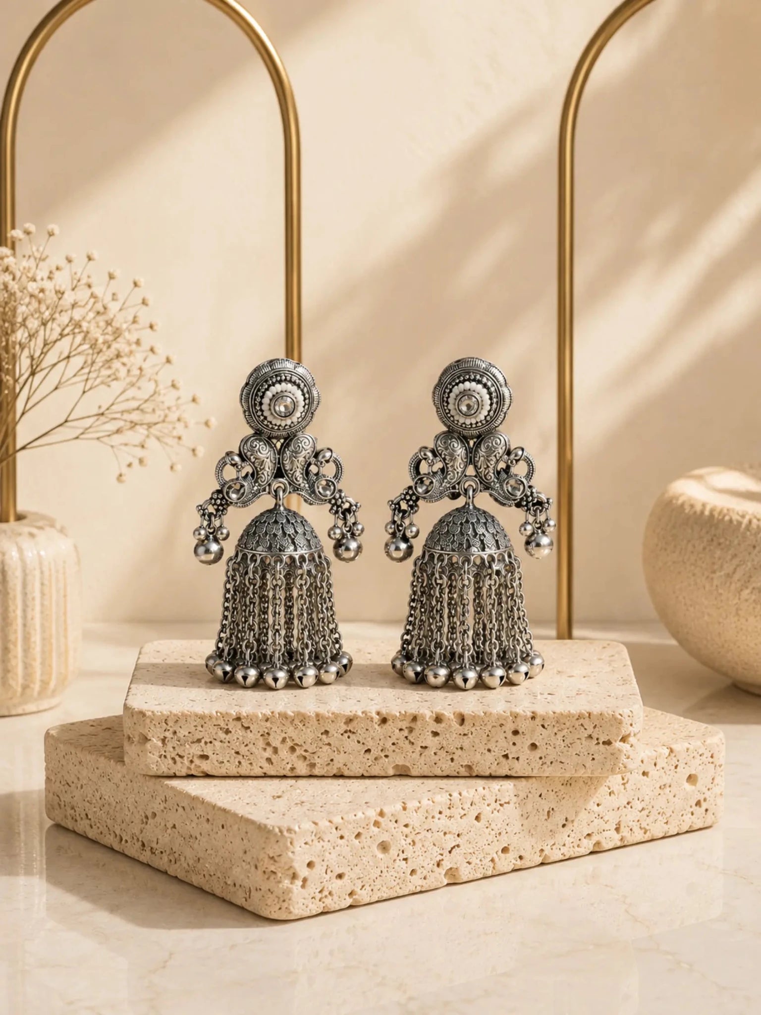 SEVANTI German Silver Ghunghru White Rhinestone Earrings