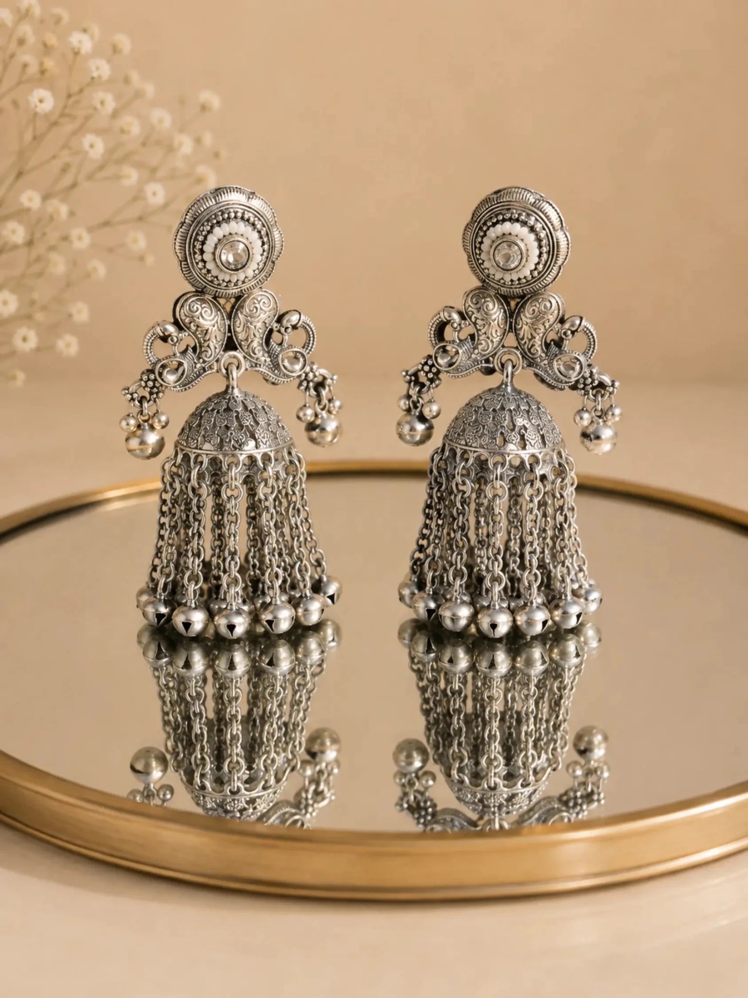 Image of SEVANTI German Silver Ghunghru White Rhinestone Earrings - Venyora Fashion